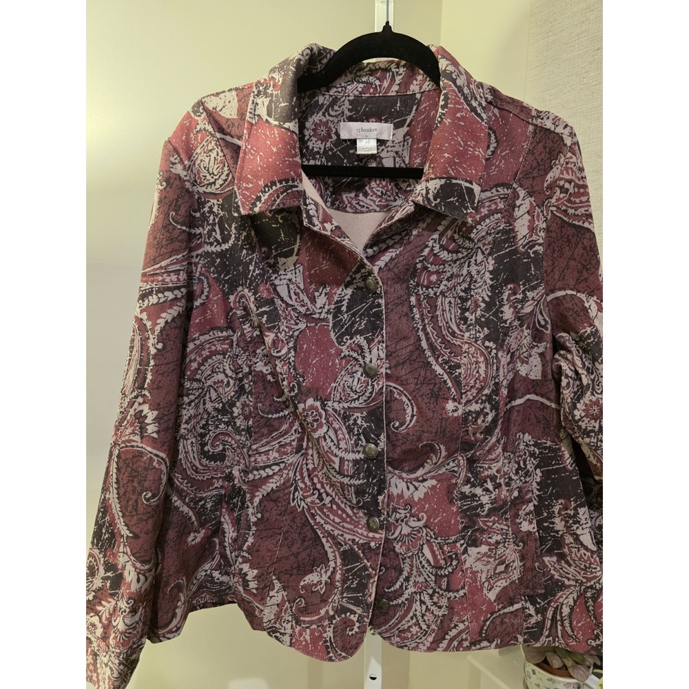 CJ Banks Corduroy Blazer Jacket 1X Plum Paisley Fit Stretch Pockets Button Up